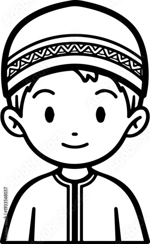 Smiling boy wearing traditional Muslim cap and kurta Black and white vector illustration
