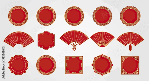 鮮やかな赤と豪華な金色で彩られた、旧正月や伝統的なお祝い事にぴったりの華やかな扇子と飾り枠のベクターコレクション。アジアの豊かな文化と祝祭の雰囲気を表現するデザイン要素として、様々な用途に活用できます。