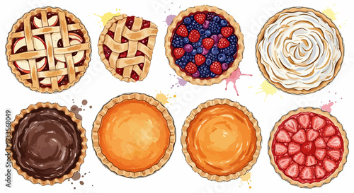 白い背景に水彩画風の手描きで描かれた、アップルパイ、ベリータルト、レモンメレンゲパイ、チョコレートタルトなど、様々な種類の美味しいデザートの詰め合わせイラスト。