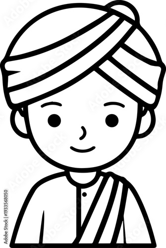 Smiling boy wearing traditional Muslim cap and kurta Black and white vector illustration
