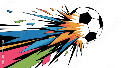 A dynamic illustration of a soccer ball in motion, featuring vibrant bursts of color.