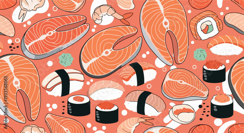 新鮮なサーモンの切り身、握り寿司、巻き寿司、エビ、イクラが散りばめられた、食欲をそそる和食のシームレスパターンイラスト。