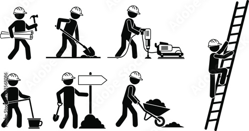 Construction workers silhouettes, industrial labor icons, hard hat safety, building site tasks, vector illustration, construction industry roles, teamwork, heavy equipment, occupational work
