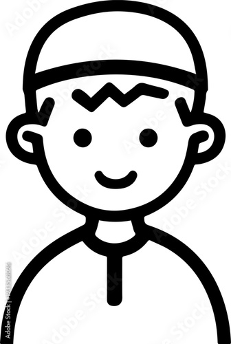 Smiling boy wearing traditional Muslim cap and kurta Black and white vector illustration
