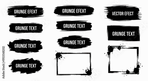 デザインに荒々しく芸術的なエッジを加える、様々なグランジブラシストローク、インクスプラッター、手描きフレームのコレクションを特徴とするベクター素材セット。