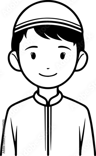 Smiling boy wearing traditional Muslim cap and kurta Black and white vector illustration
