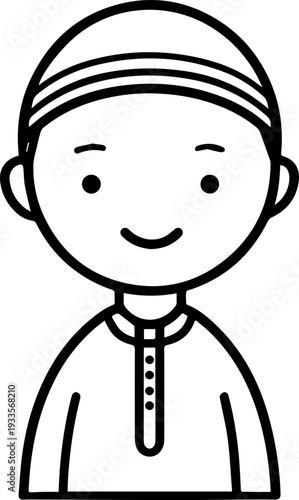 Smiling boy wearing traditional Muslim cap and kurta Black and white vector illustration
