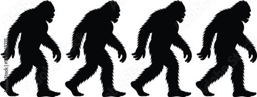 Bigfoot silhouettes walking, Sasquatch cryptid design, mythical creature artwork, folklore monster vector, forest legend illustration, mysterious animal pattern, cryptozoology background, decoration