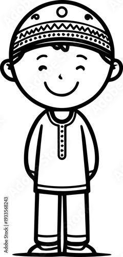Smiling boy wearing traditional Muslim cap and kurta Black and white vector illustration
