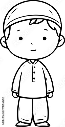 Smiling boy wearing traditional Muslim cap and kurta Black and white vector illustration
