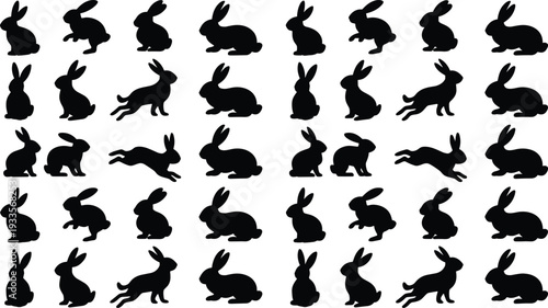 Black rabbit silhouettes pattern, animal poses illustration, hopping bunny design, sitting hare artwork, wildlife vector, seamless background, textile print, decoration