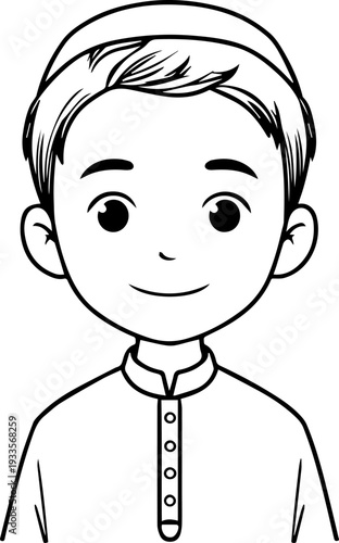 Smiling boy wearing traditional Muslim cap and kurta Black and white vector illustration
