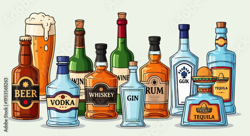 ビール、ウォッカ、ワイン、ウイスキー、ジン、ラム、テキーラなど、世界中の様々なアルコール飲料のボトルとビールグラスが並ぶ、楽しい手描き風イラストコレクション。