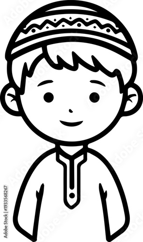Smiling boy wearing traditional Muslim cap and kurta Black and white vector illustration
