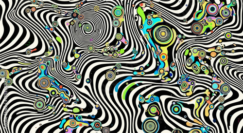白黒の波打つストライプと鮮やかな色彩の円形パターンが織りなす、サイケデリックで現代的な抽象背景。