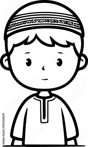 Smiling boy wearing traditional Muslim cap and kurta Black and white vector illustration
