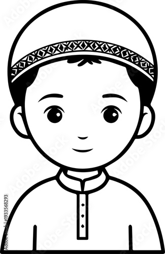 Smiling boy wearing traditional Muslim cap and kurta Black and white vector illustration
