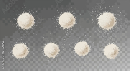 透明な背景に散らばる、ふわふわとした白い粉末の粒子の集合体、製菓材料や化粧品などの素材表現に最適なクローズアップ画像。