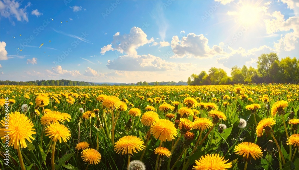 Obraz premium National Dandelion Day banner background, blooming spring flower field concept, yellow wildflower celebration design, natural outdoor photography template, fresh seasonal advertising backdrop