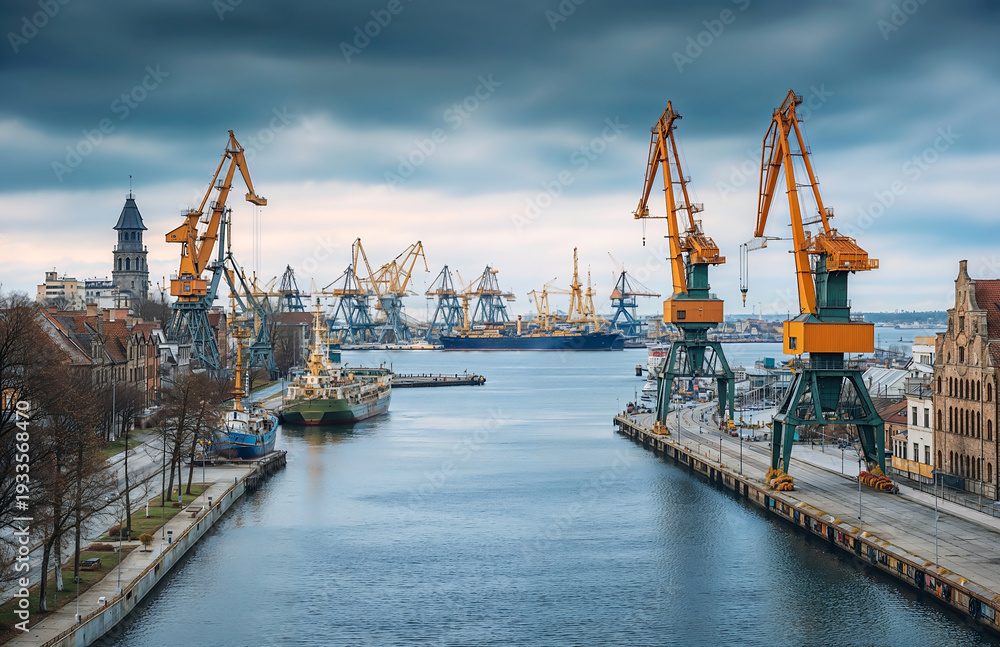 Obraz premium Industrial port with large cranes and boats on river under dramatic cloudy sky