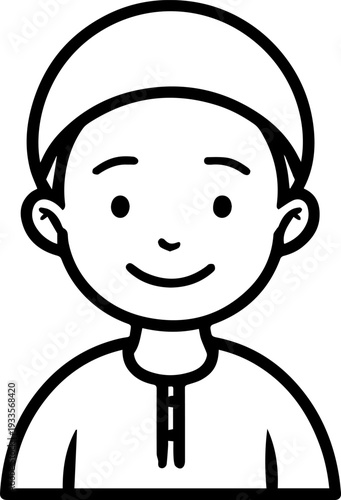 Smiling boy wearing traditional Muslim cap and kurta Black and white vector illustration
