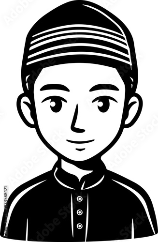 Smiling boy wearing traditional Muslim cap and kurta Black and white vector illustration
