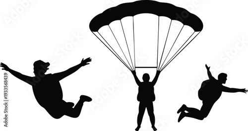 Dynamic Paragliding and Skydiving Silhouette Collection, Universal Parachute Jump and Aviation Icons, Skydiver Action Silhouettes in Freefall and Descent.