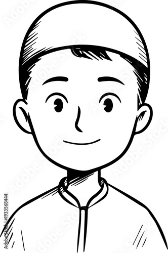 Smiling boy wearing traditional Muslim cap and kurta Black and white vector illustration
