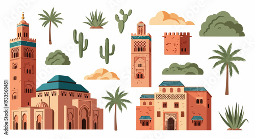 モロッコや中東の砂漠地帯をテーマにした、ミナレット、伝統的な家屋、ヤシの木、サボテンなどの異国情緒あふれる建築物と植物のフラットデザインベクターイラストコレクション。