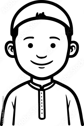 Smiling boy wearing traditional Muslim cap and kurta Black and white vector illustration
