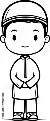 Smiling boy wearing traditional Muslim cap and kurta Black and white vector illustration
