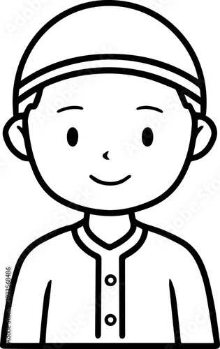 Smiling boy wearing traditional Muslim cap and kurta Black and white vector illustration
