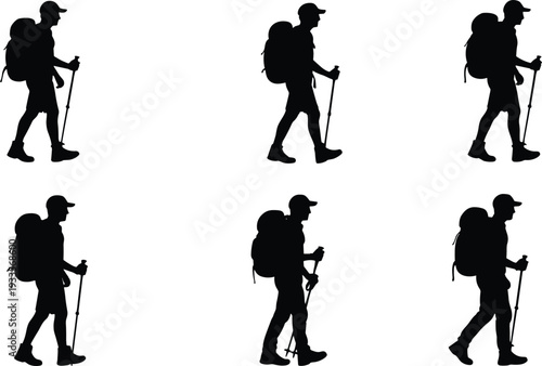 Hiking silhouette vector illustration, outdoor trekking posture sequence, backpack and poles, walking motion design, adventure activity, mountain climbing, fitness lifestyle art
