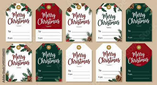 「メリークリスマス」の文字とモミの木、ヒイラギ、松ぼっくりがデザインされた、お祝いムード満点のクリスマスギフトタグセット10種類。