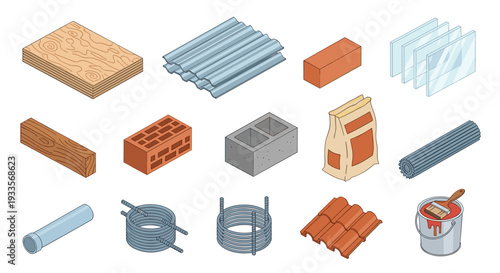 An isometric illustration displays a diverse collection of fifteen common construction and building materials neatly organized in rows on a bright white background.