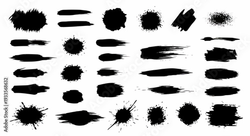 さまざまな形の黒いインクの飛び散り、ブラシストローク、汚れのグランジテクスチャが白い背景に描かれた、デザインに最適なグラフィック要素のセットです。