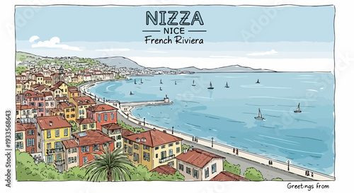 南フランスのニースの美しい海岸線、歴史的な街並み、そして地中海の青い海に浮かぶヨットを描いた手描きイラストのポストカード。