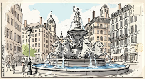 手描きヴィンテージスタイルのイラストで描かれた、馬の像が印象的な噴水が中心にある歴史的なヨーロッパの賑やかな都市広場の風景。