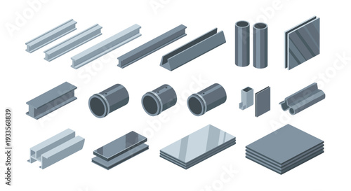 A curated selection of grey metal profiles, including I-beams, U-channels, round tubes, and stacked flat sheets, is presented in an isometric view on a clean white background.