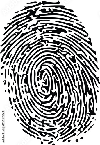 A unique black ink thumbprint vector illustration captures a biometric identity pattern isolated on white for digital security, forensic identification, and criminal detective work