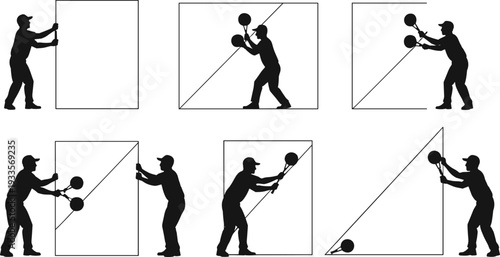 Instructional illustration showing worker handling large glass panels with suction cups, safe lifting techniques, training guide for construction, glazing, installation, safety practices