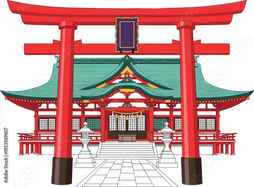 Traditional Japanese Shinto shrine architecture with red torii gate and ornate roof isolated on white background flat illustration