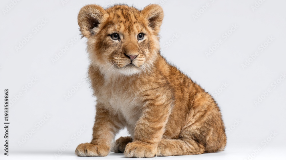 Obraz premium Adorable young lion cub portrait with expressive eyes sitting on a neutral background, showcasing its distinct fur texture and playful demeanor in a captivating stock photo.