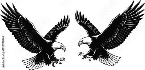 Bald eagle landing silhouette set with spread wings and talons out for mascot logo and patriotic wildlife design, flat vector