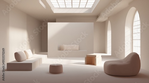 Spacious minimalistic interior design featuring soft textures and neutral tones, bathed in natural light, with organic furniture and a serene atmosphere for modern living