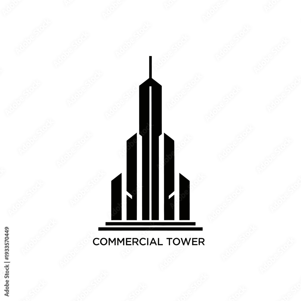 Obraz premium Sleek black silhouette of a modern commercial tower building.