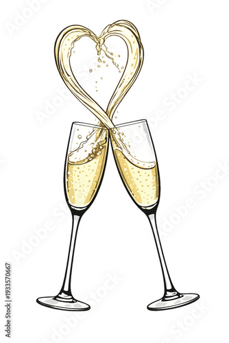 Two crystal champagne flutes filled with gold fizzing liquid and bubbles toast beside a decorative heart for a romantic anniversary celebration or New Year holiday party isolated on white