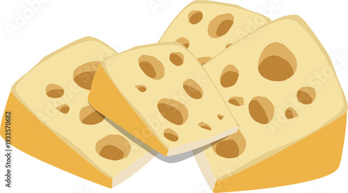 A high-quality yellow Swiss cheese vector illustration features an isolated gourmet piece with holes, perfect for a healthy breakfast snack or dairy product meal portion