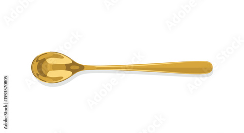 A single, gleaming golden spoon is placed horizontally on a clean white surface, casting a soft shadow beneath its smooth, curved form.