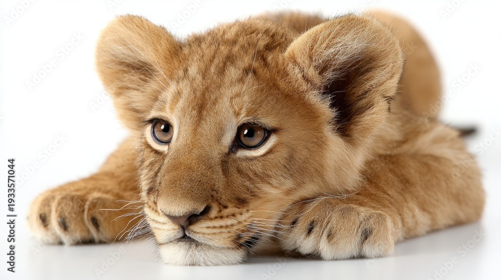 Obraz premium Adorable Young Lion Cub Resting on a White Background with Its Big Eyes and Soft Fur, Captivating View of a Wild Animal in a Calm Pose